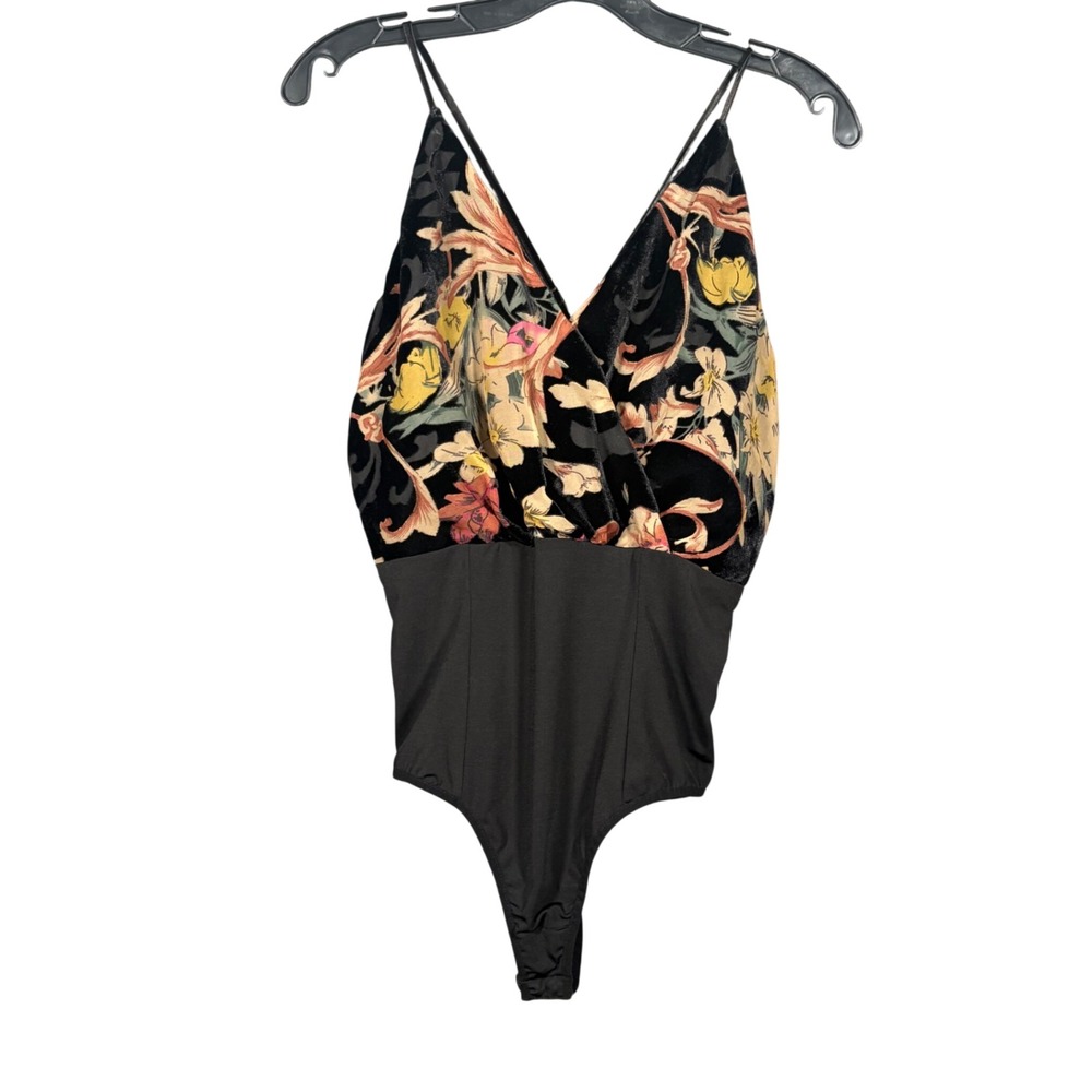 Bebe Womens Floral Devore Velvet Surplice Bodysuit Black Multicolor Medium